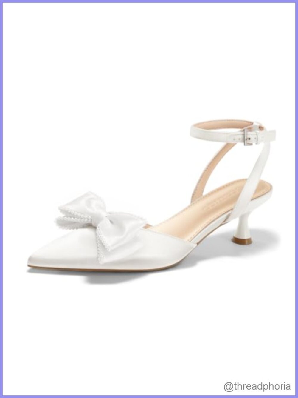 Satin Kitten Heel Pumps with Bow Pearl Ankle Strap Pointed Toe Wedding Dress